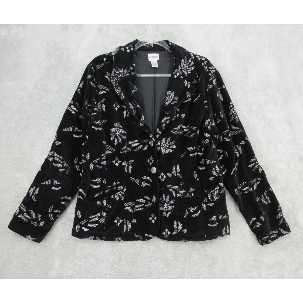 Chicos Blazer Womens Size 2 Large Velvet Silver Metallic Embroidered Floral